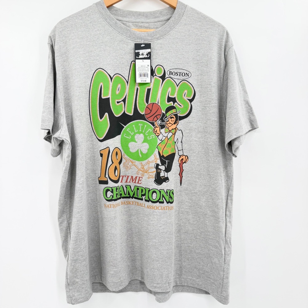 NBA Boston Celtics 18 Time Champions Graphic T-Shirt Gray Mens Large NWT